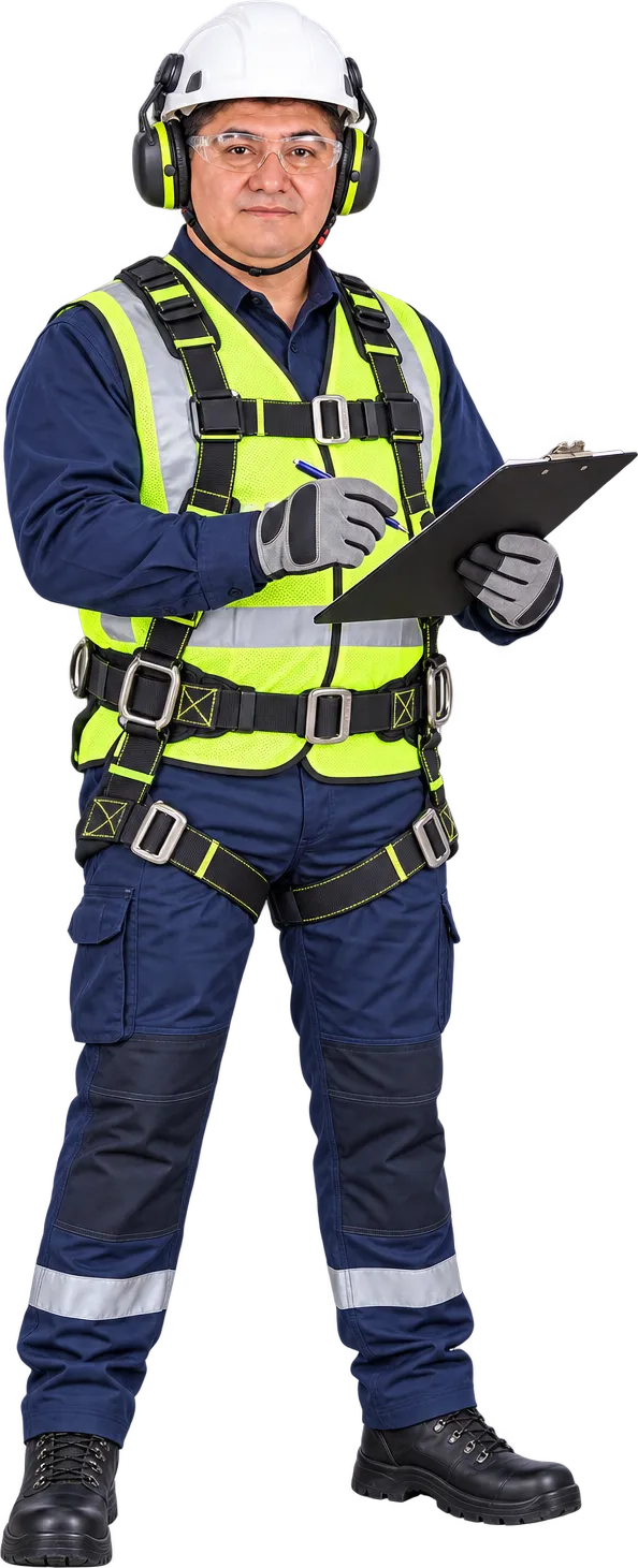 Juan Cruz Muñoz Ñañez en inspección de campo con casco, gafas y protección auditiva, chaleco reflectivo, arnés, guantes y botas
