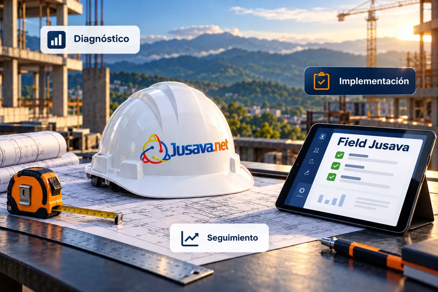 Imagen ilustrativa: casco blanco con el logo de Jusava.net sobre planos en una obra con montañas al fondo, flexómetro y tableta con FieldJusava.